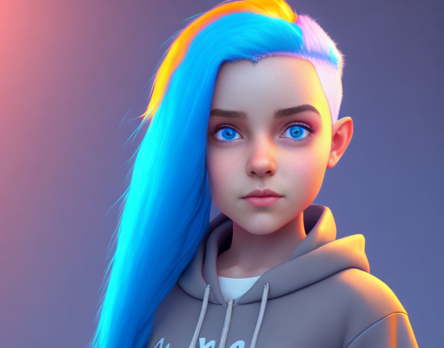 Character with Blue Hair and Gray Hoodie on Gradient Background