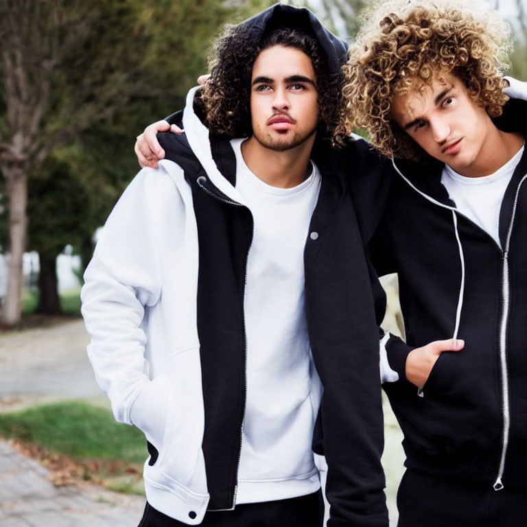 Two Young Men with Curly Hair in Black and White Hoodies Outdoors