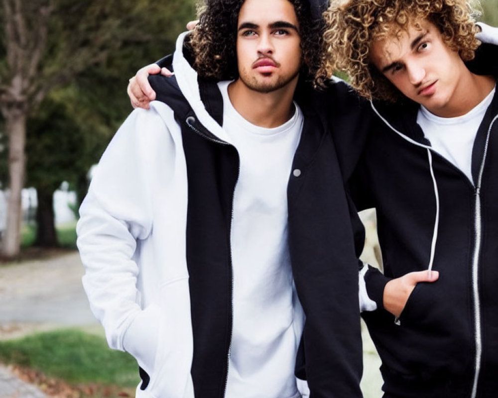 Two Young Men with Curly Hair in Black and White Hoodies Outdoors