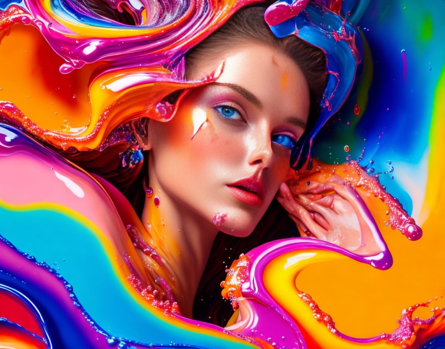 Close-up portrait of woman with vibrant swirling liquid colors and striking blue eyes.