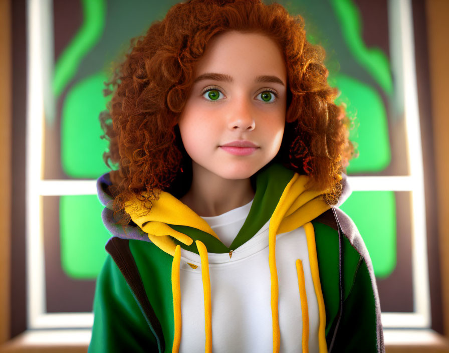 Young girl with curly red hair and green eyes in colorful hoodie by stylized window