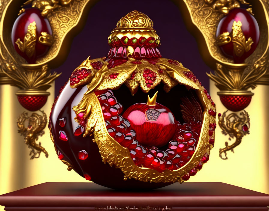 Golden sphere with pomegranate design on purple background and reflective surface