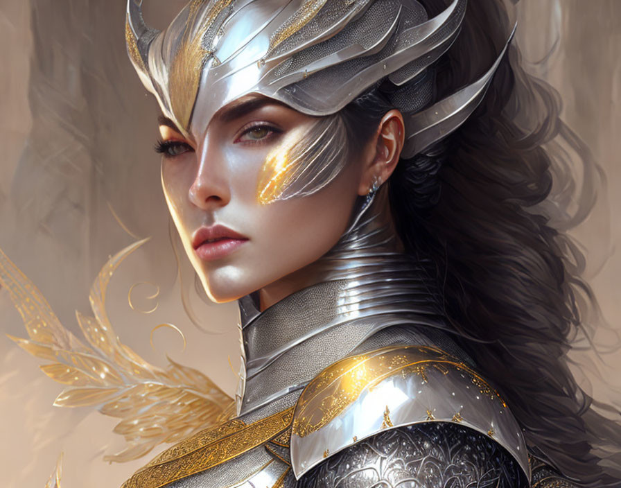 Fantasy armor portrait of a woman with elegant metallic patterns and feathers