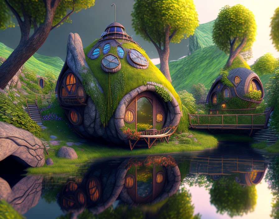 Enchanting fairy tale houses in lush green landscape