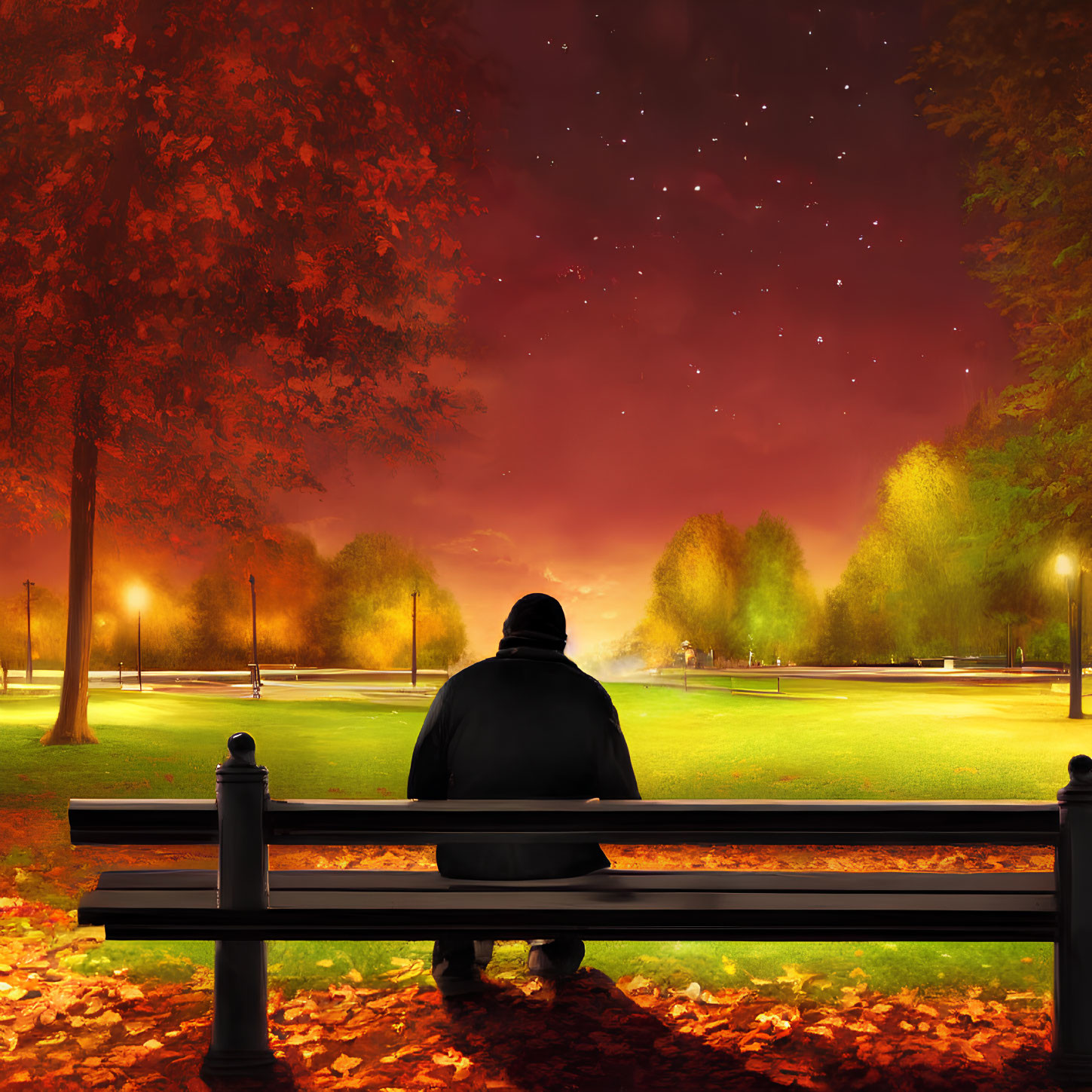 Person sitting on park bench under autumn trees at night with starry sky.