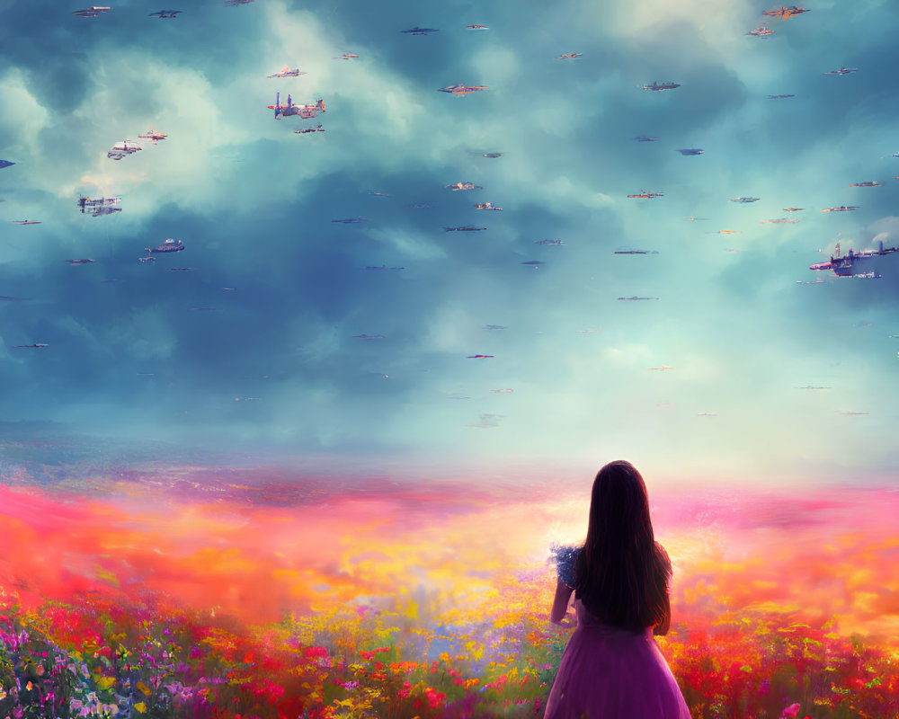 Girl in purple dress in vibrant flower field with dreamy clouds and floating ships