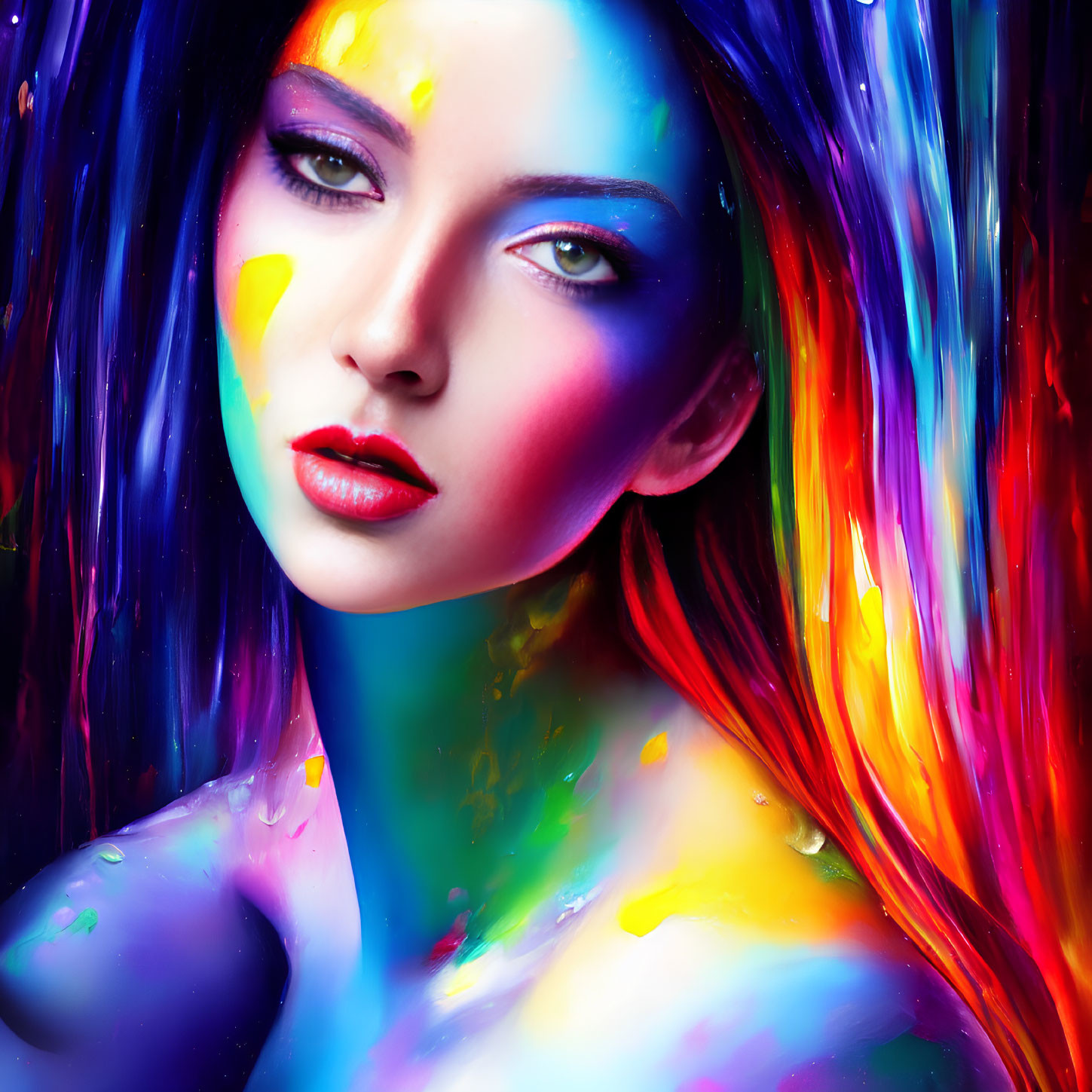 Colorful makeup and paint drips on woman in vibrant portrait