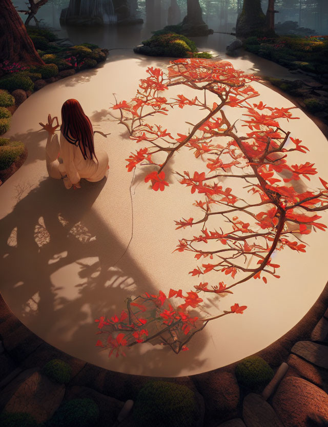 Person Contemplating Under Vibrant Red-Leaved Tree in Serene Forest