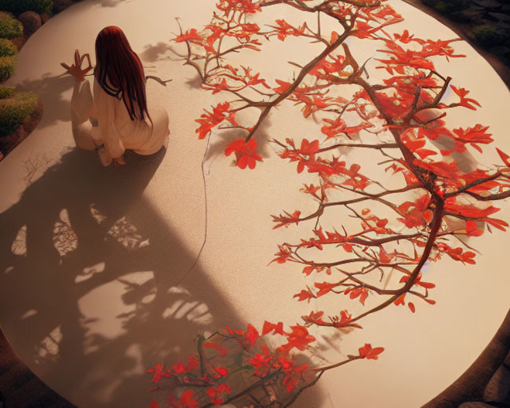 Person Contemplating Under Vibrant Red-Leaved Tree in Serene Forest