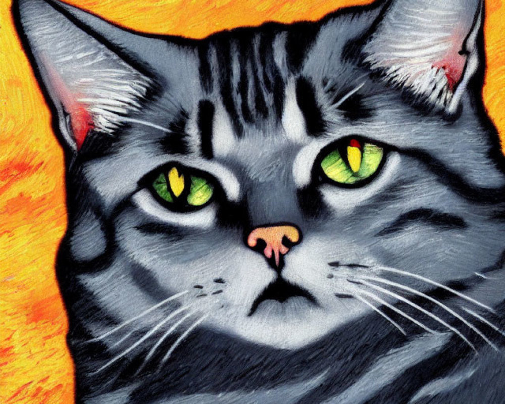 Stylized grey tabby cat painting with green eyes and stripes on vibrant orange background