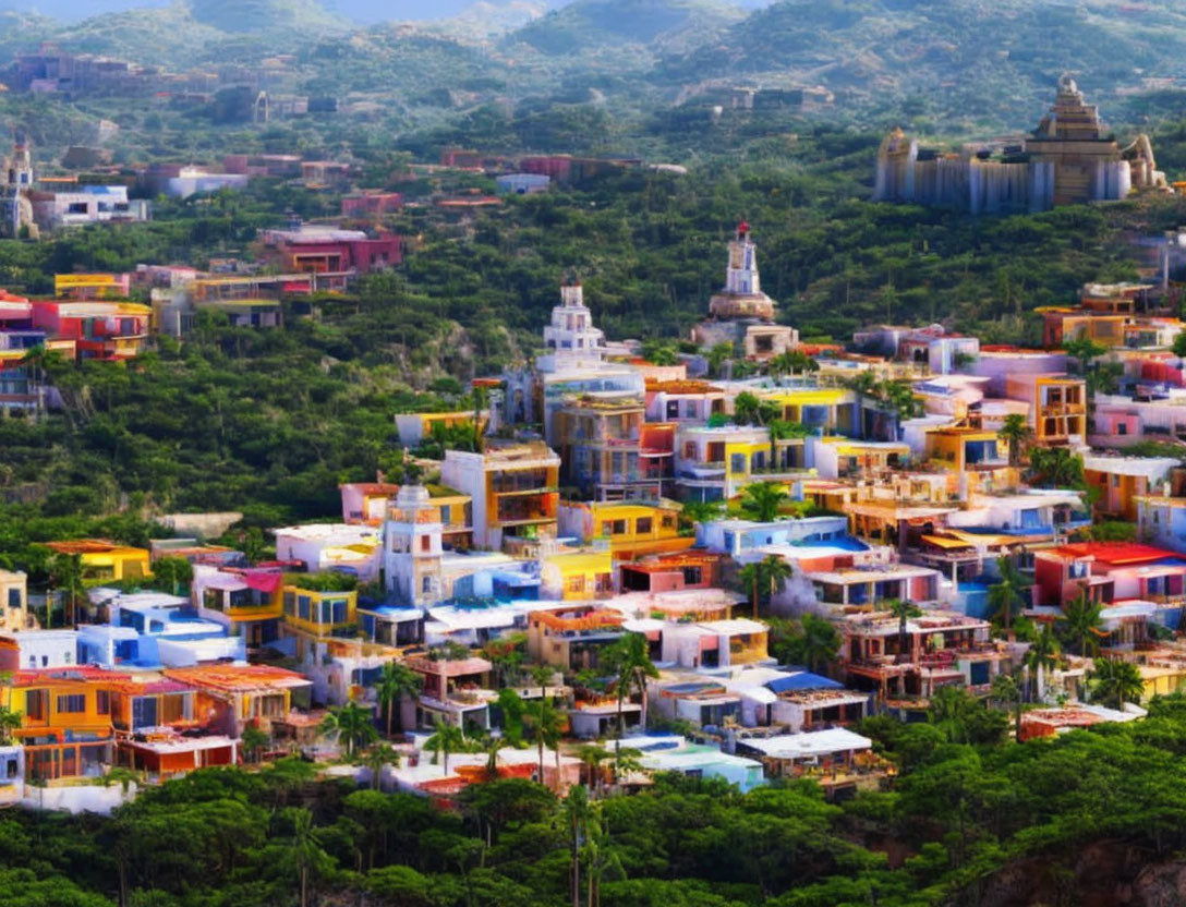 Colorful Townscape with Temples and Nature Background