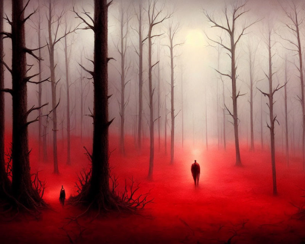 Misty red-tinged forest with solitary figure