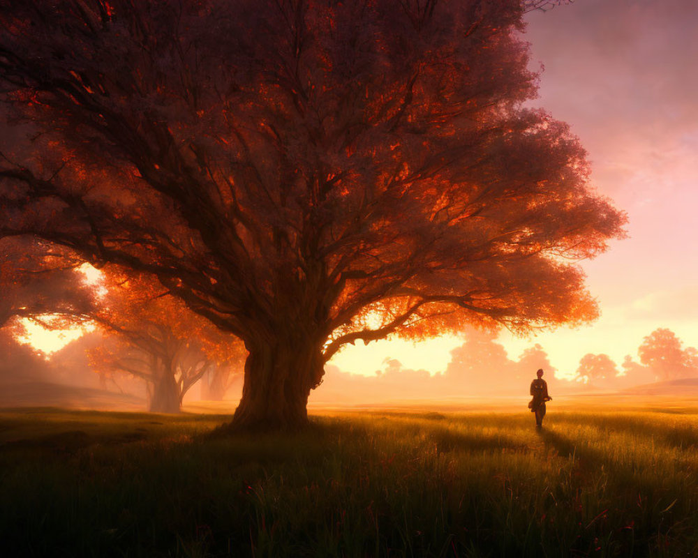 Majestic tree with fiery orange canopy at misty sunrise