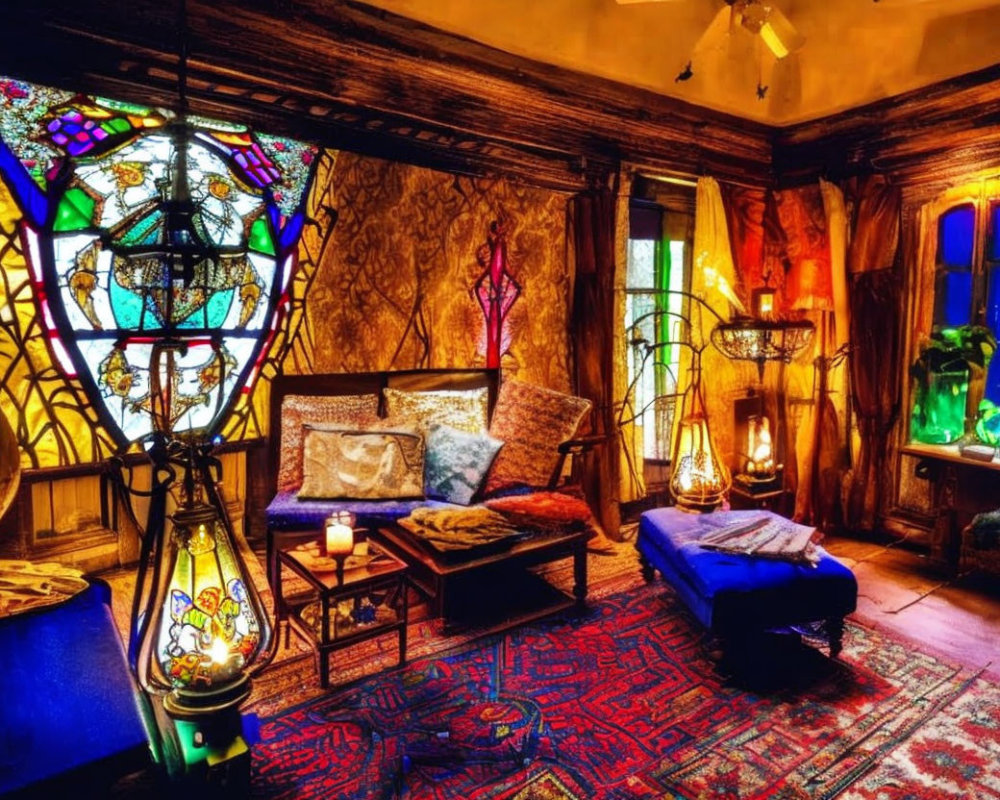 Vibrant Bohemian Room with Stained Glass Windows & Eclectic Decor