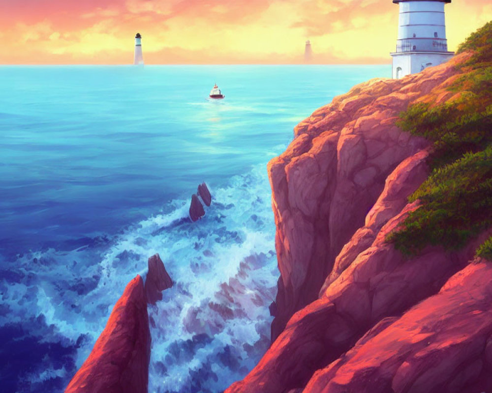 Scenic coastline illustration with lighthouse, boat, and sunset sky