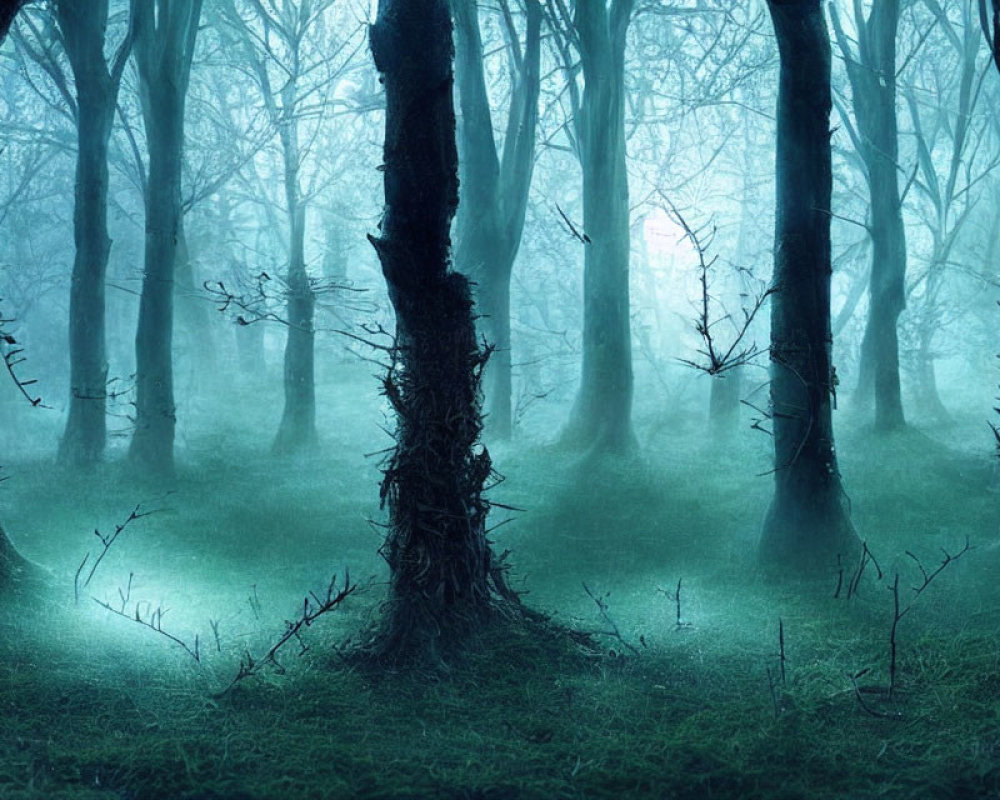 Mystical foggy forest with slender trees and blue-hued ambiance