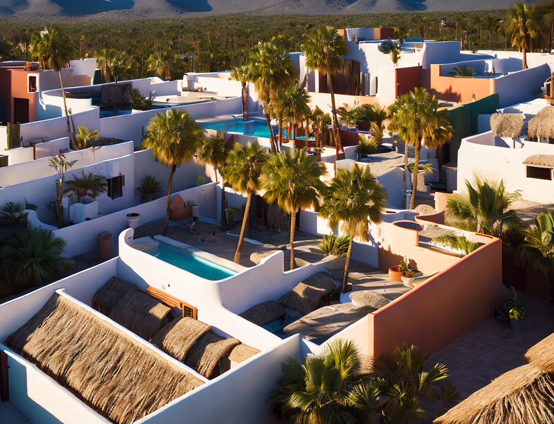 Tropical Resort with White Buildings, Palm Trees, and Tranquil Pool