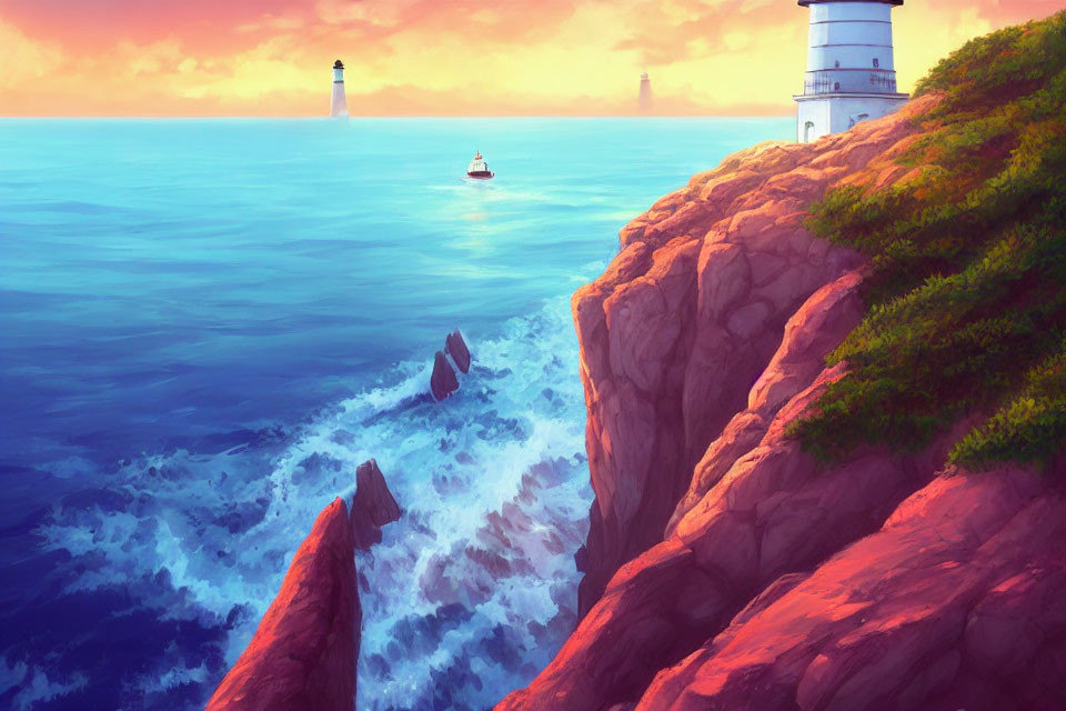 Scenic coastline illustration with lighthouse, boat, and sunset sky