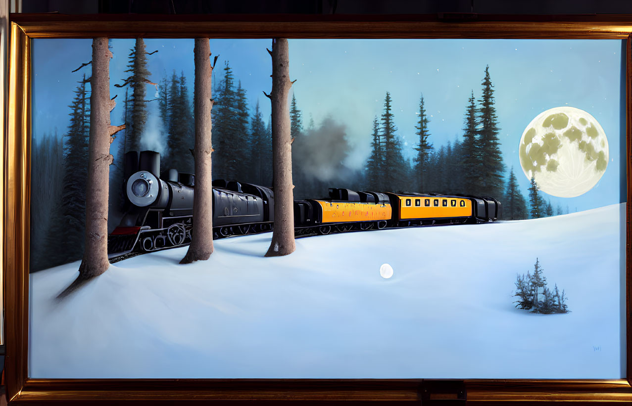 Vintage steam train in snowy night scene with full moon and pine trees viewed through window