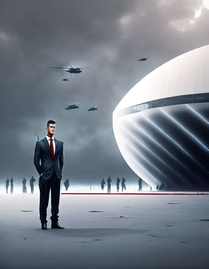 Man in suit at futuristic building with helicopters and silhouettes under stormy sky