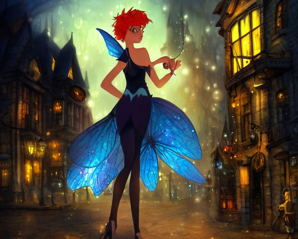 Whimsical fairy with blue wings and red hair in lantern-lit alley