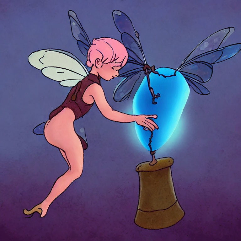 Whimsical fairy with delicate wings and magical blue heart-shaped light illustration