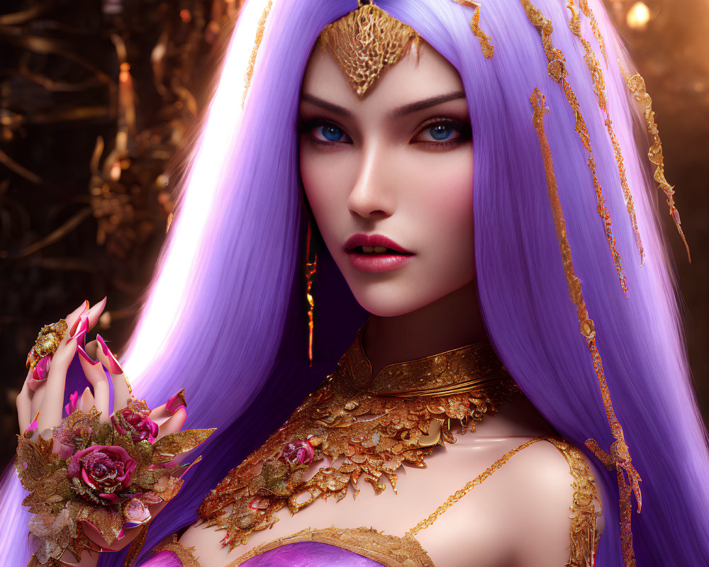 Digital portrait: Female character with violet hair, blue eyes, gold jewelry on dark backdrop