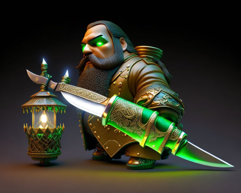 Stylized fantasy character with lantern and glowing sword in ornate armor
