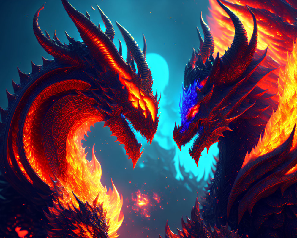 Vibrant orange and red dragons facing each other on fiery blue backdrop