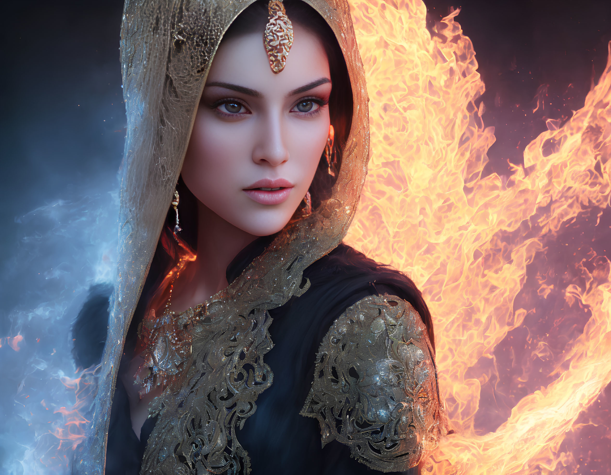 Digital Artwork: Woman with Dark Hair, Blue Eyes, Gold Jewelry, and Hooded Cloak