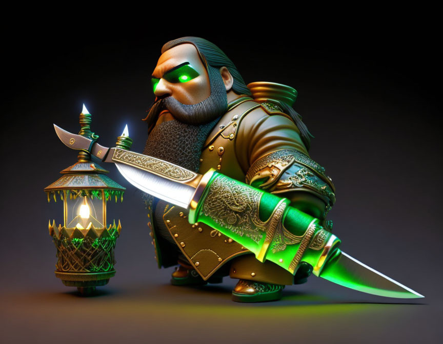 Stylized fantasy character with lantern and glowing sword in ornate armor