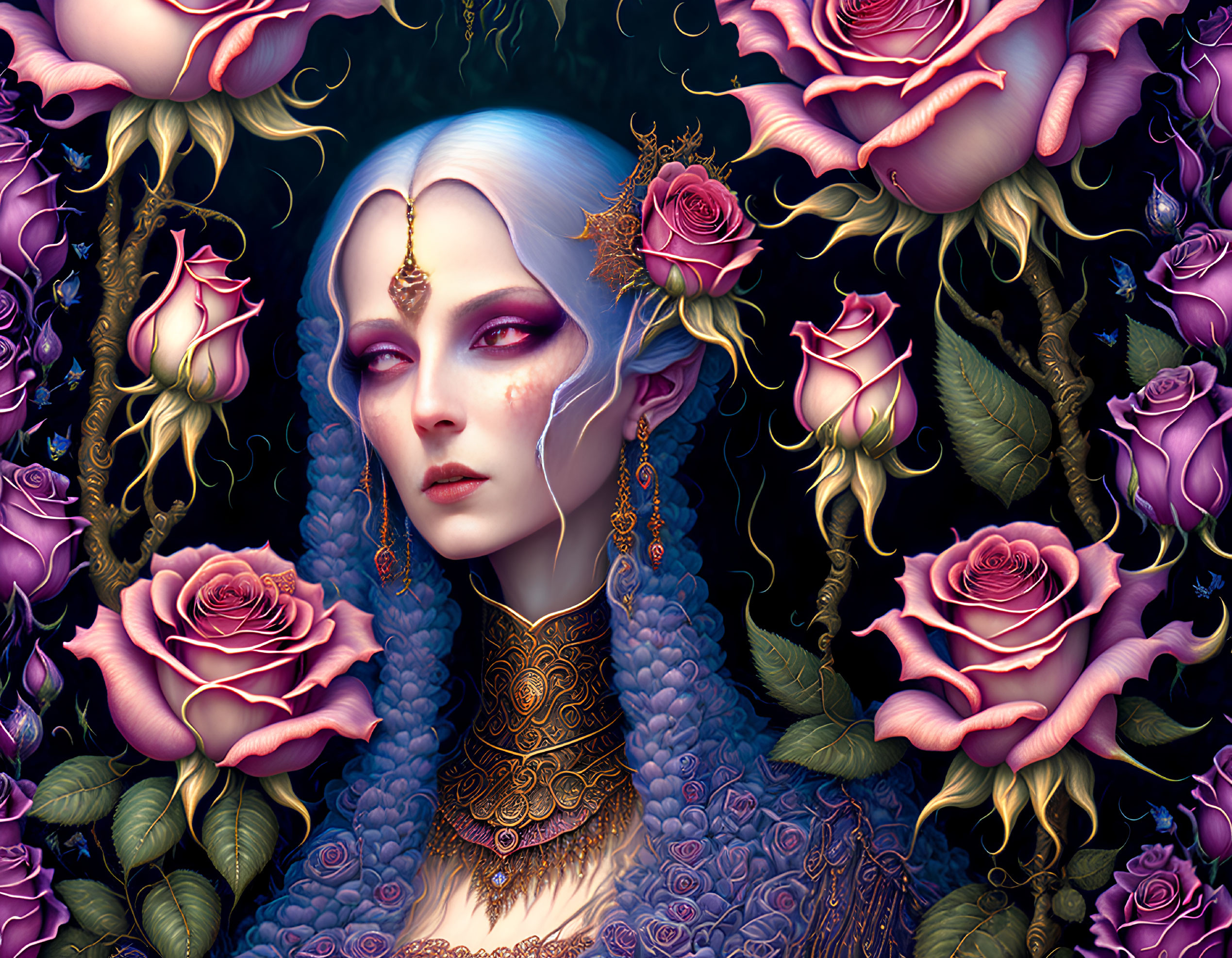 Fantasy digital artwork of pale woman with white hair and golden jewelry surrounded by purple roses