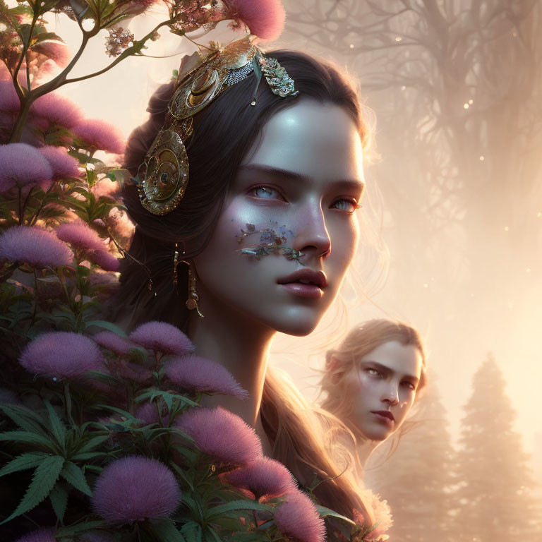 Close-up digital artwork of woman with ethereal makeup and headdress in misty forest.