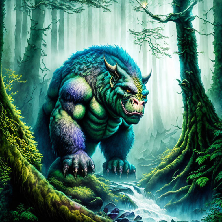 Blue and Green Beast with Sharp Claws in Misty Forest Scene