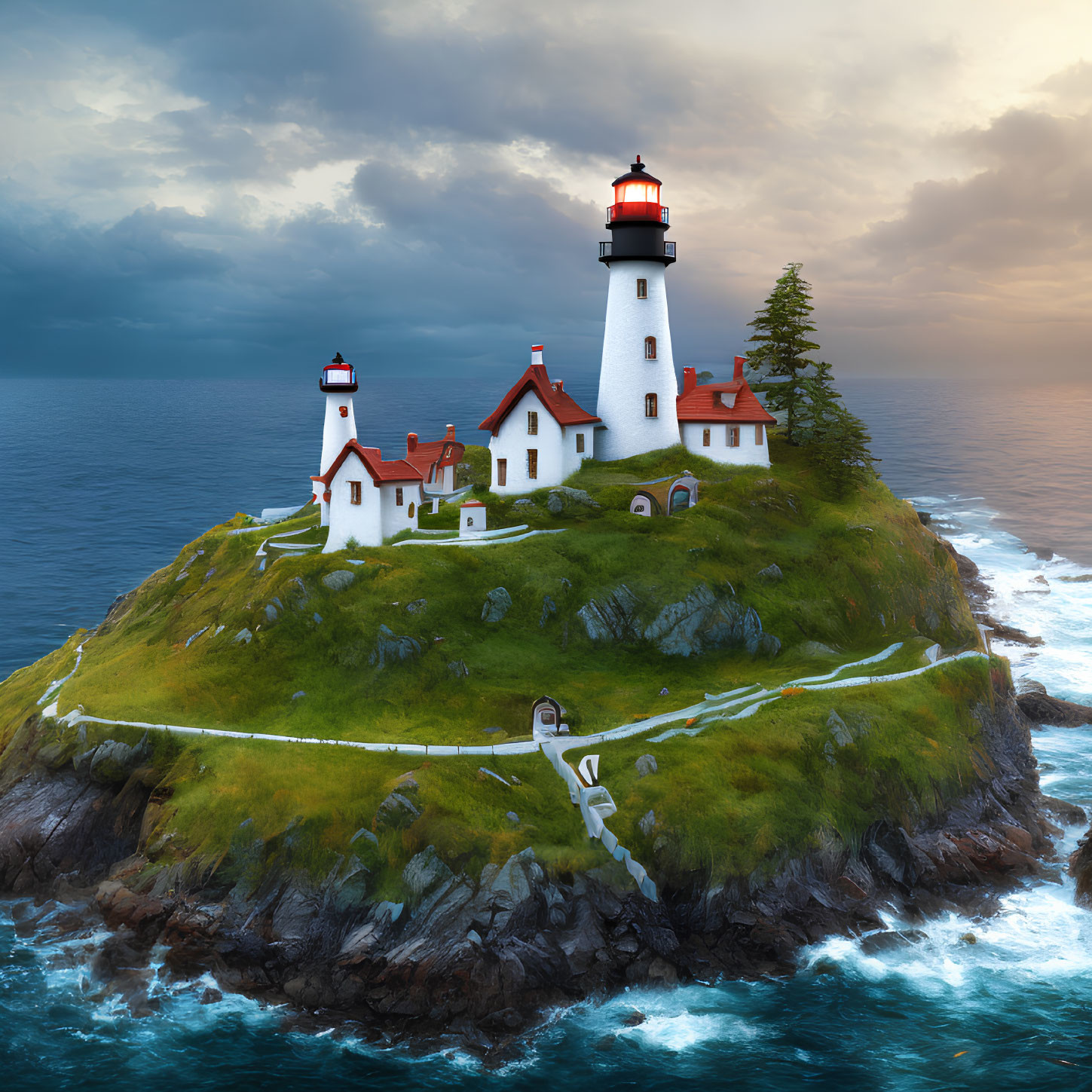 Picturesque lighthouse on rocky cliff amid turbulent seas and dramatic sunset sky