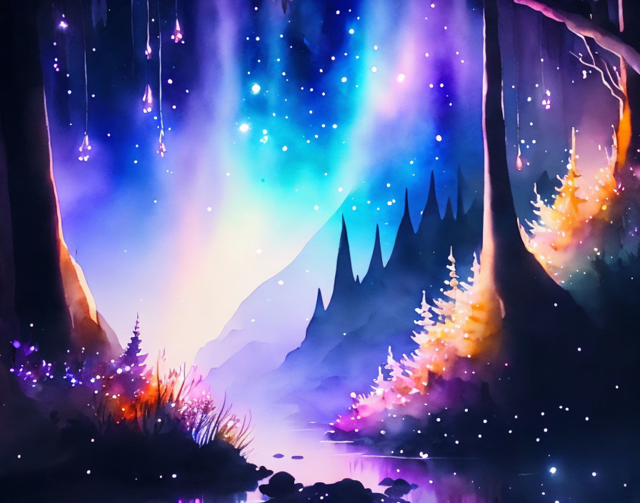 Enchanted forest digital painting with glowing trees and reflecting pond