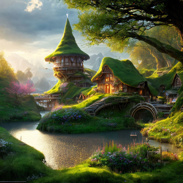 Tranquil fantasy landscape with moss-covered houses and stone bridges