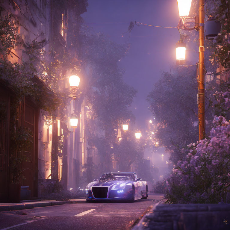 Luxury sports car parked on cobblestone street at dusk with glowing streetlamps and sidewalk flowers