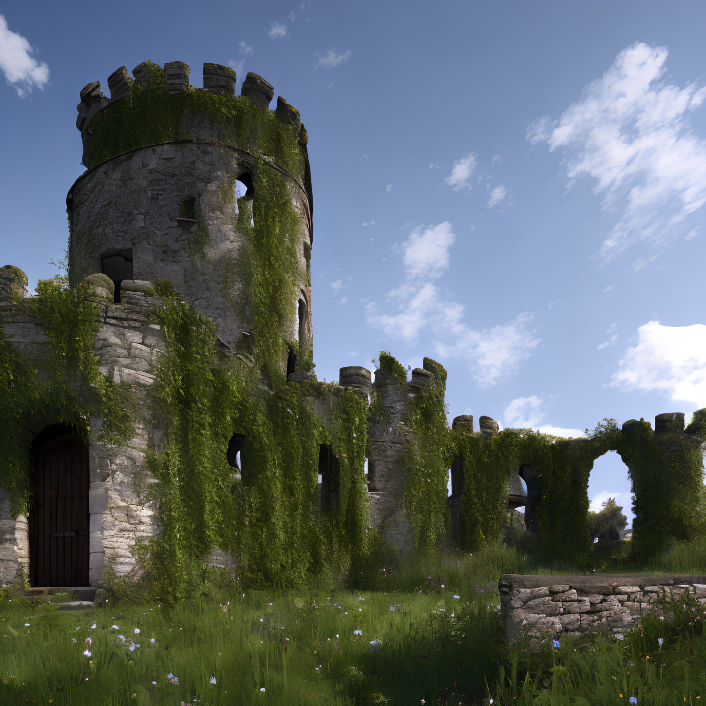 Ancient Stone Tower Covered in Ivy Amid Ruins and Greenery