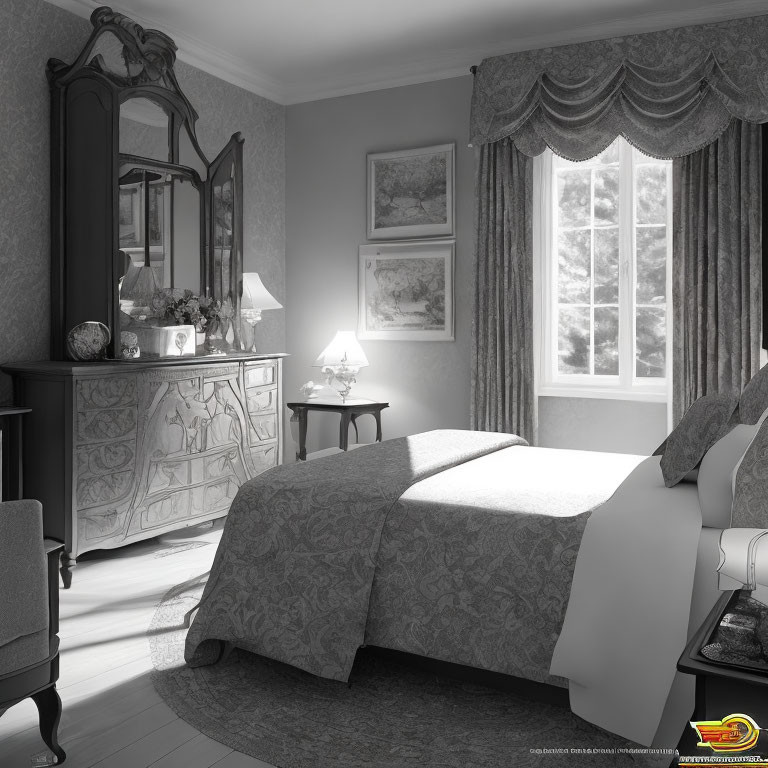 Classic Bedroom with Ornate Mirror Dresser and Patterned Bedding