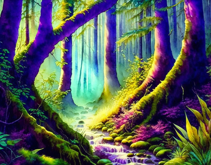 Vibrant watercolor of mystical forest with moss-covered trees and serene stream