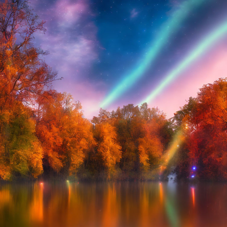 Colorful Autumn Forest by Lake with Aurora Borealis Sky