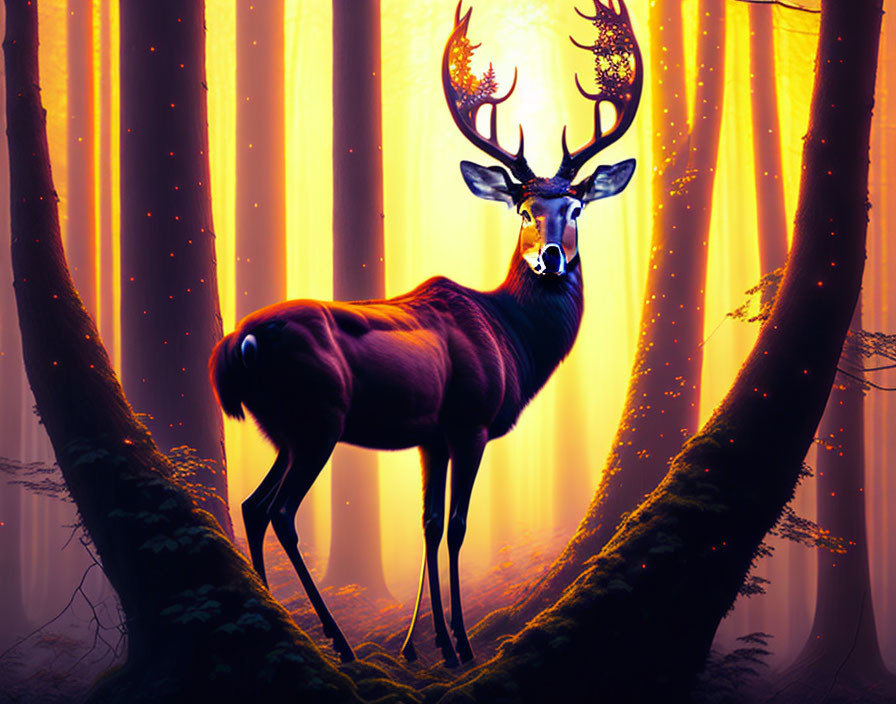 Majestic stag in mystical forest with radiant antlers