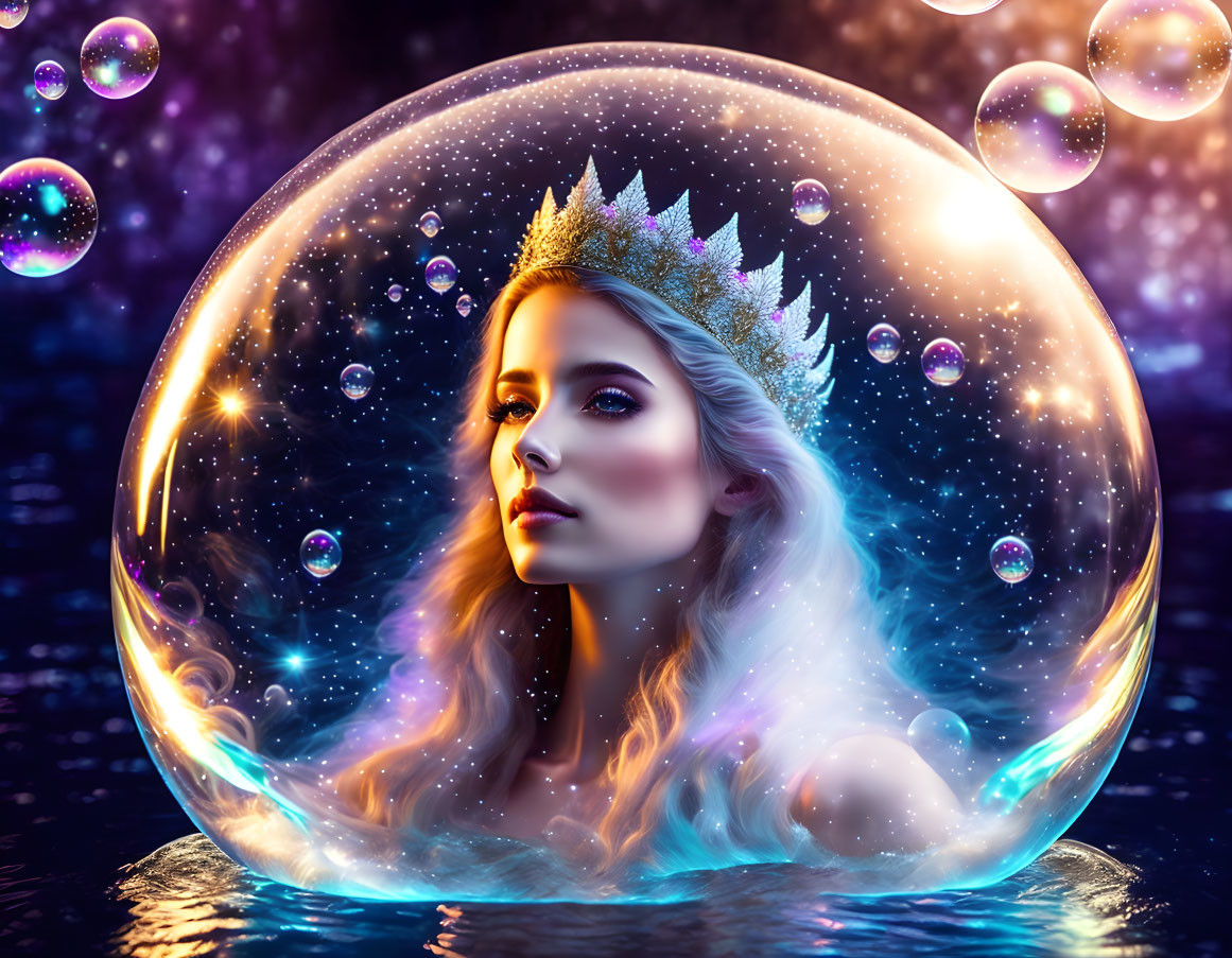 Regal woman with crown in luminous bubble on starry background