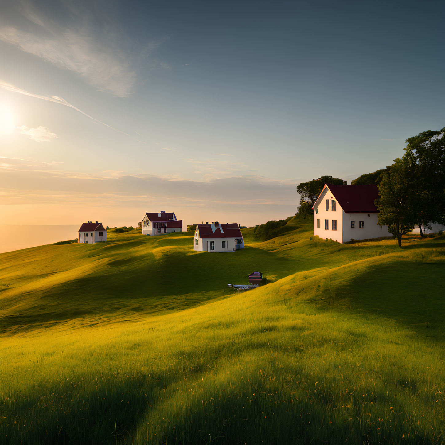 Rural Scene: White Houses, Red Roofs, Green Hills at Sunset