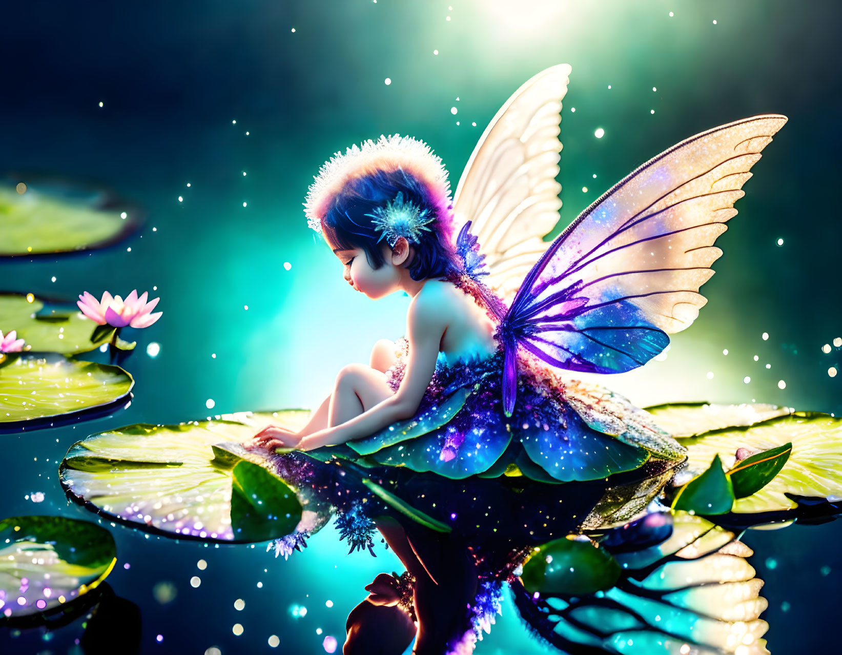 Digital Art: Glowing Fairy on Water Lily in Mystical Pond