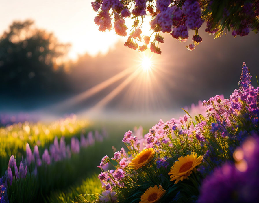 Vibrant sunset with blooming lilac and wildflowers