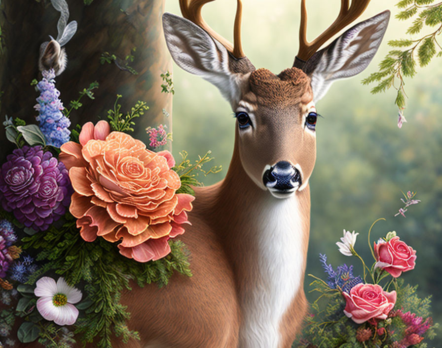 Detailed Deer with Antlers Among Flowers and Butterflies in Mystical Forest