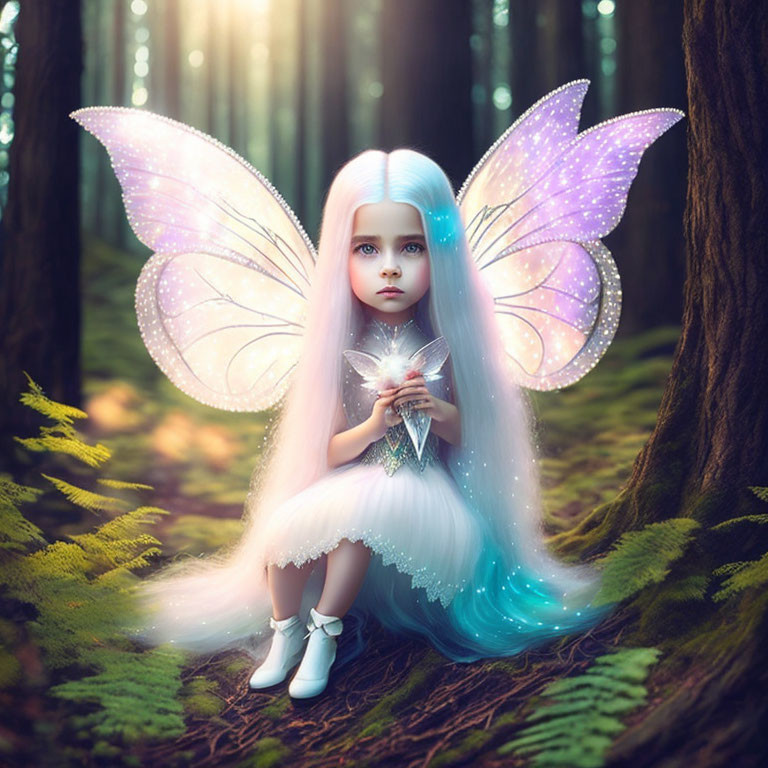 Young fairy with purple wings in sunlit forest holding star