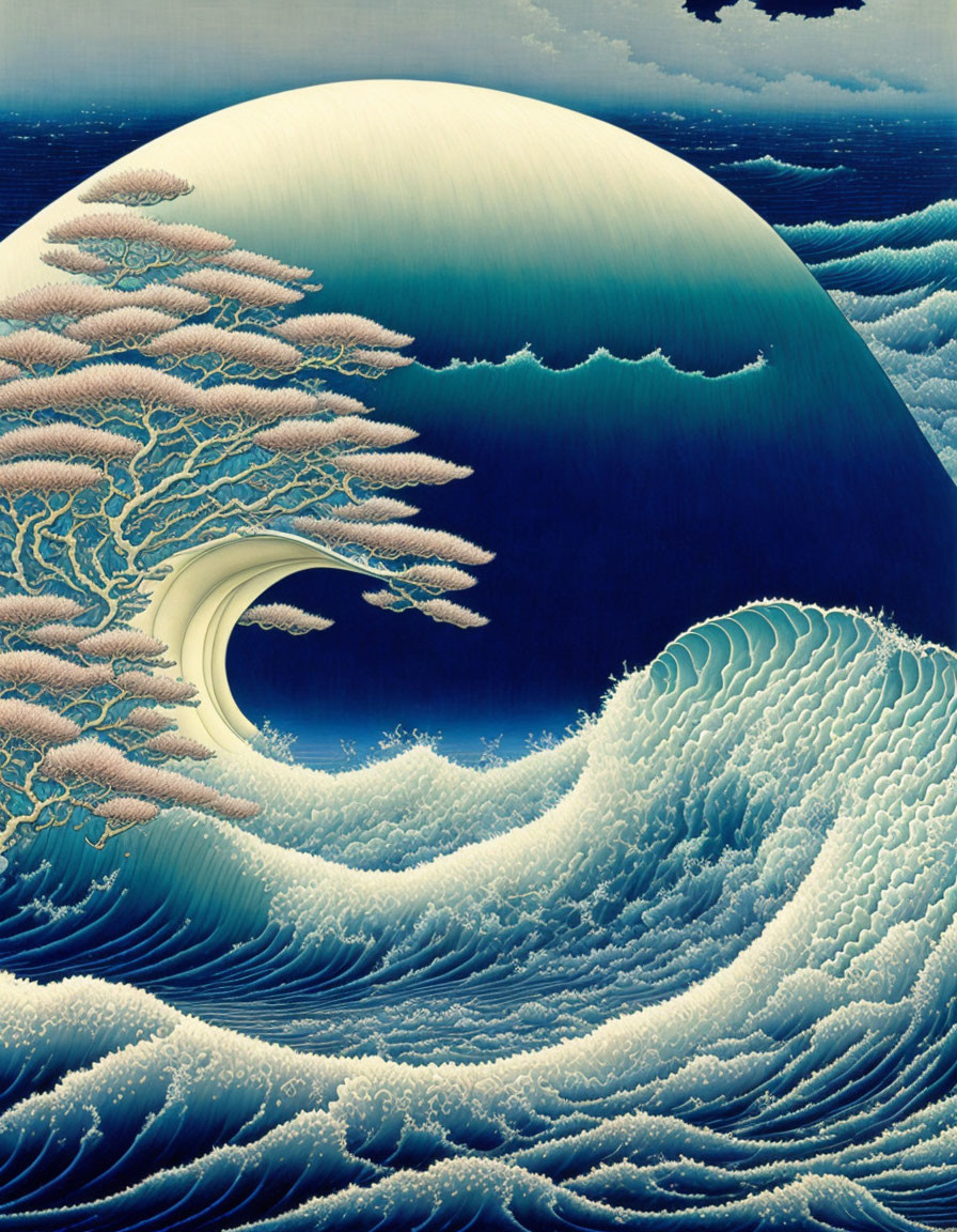 Surreal artwork blending 'The Great Wave' with planetary body